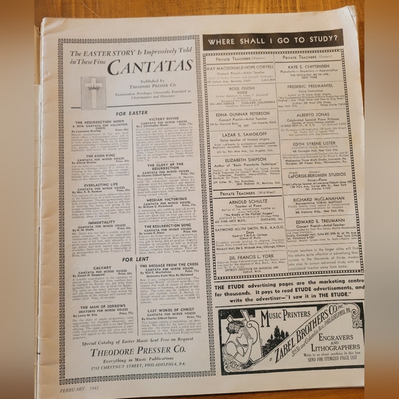 Antique Vintage The Etude Music Magazine Feb 1942 Issue Sheet Music Articles Ads - Picture 4 of 9